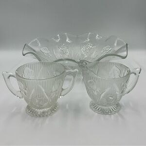 Vintage Jeannette Iris and Herringbone Serving Bowl, Creamer & Open Sugar Set